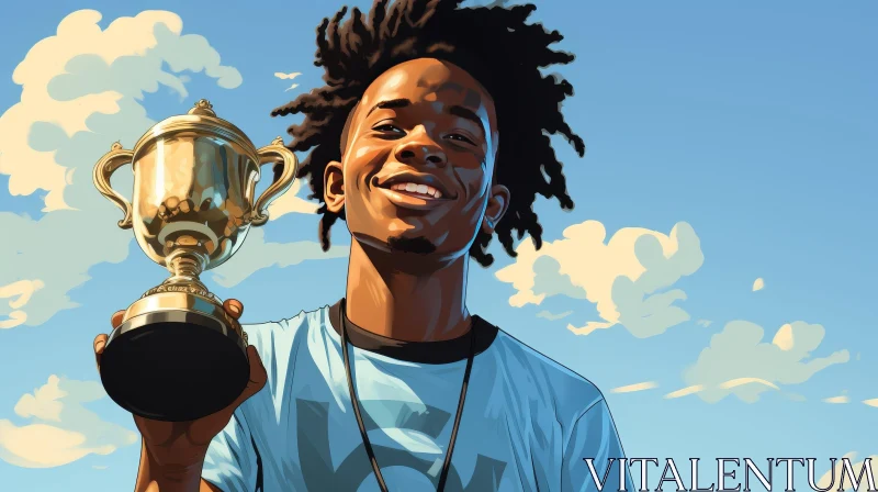 Joyful African-American Man with Trophy in Cartoon Style AI Image