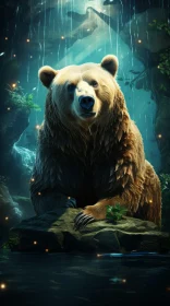 Luminous Forest Scene with Bear and Waterfall