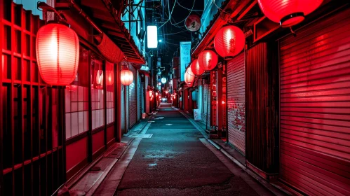 Nighttime Alleyway in a Japanese City with Red Lanterns
