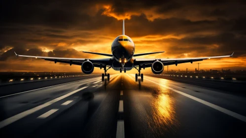 Passenger Plane Landing at Dusk on Wet Runway with City Lights