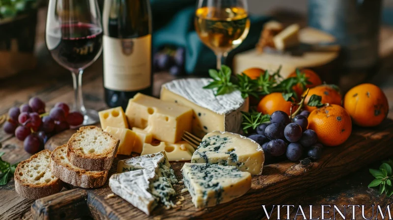 Wooden Table with Cheeses, Fruits, and Wine | Rustic Still Life AI Image