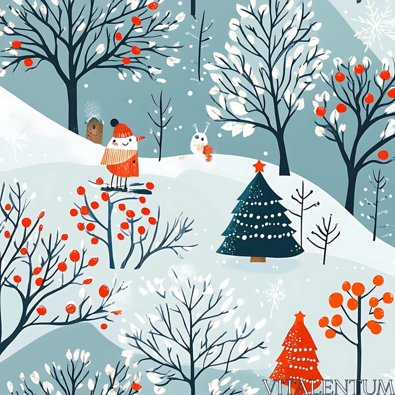 Frosty Landscape with Leafless Trees and Red Berries