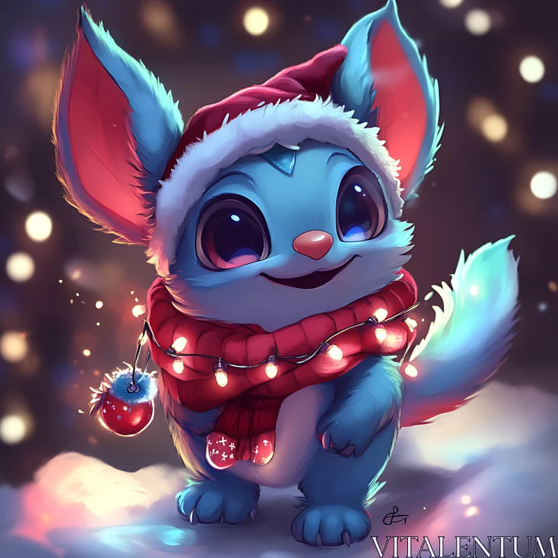 Cute Blue Cartoon Character in Christmas Attire