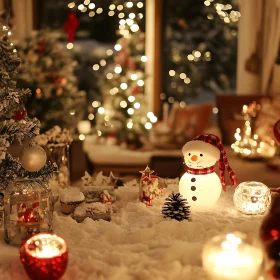Festive Christmas Decor with Snowman and Christmas Trees