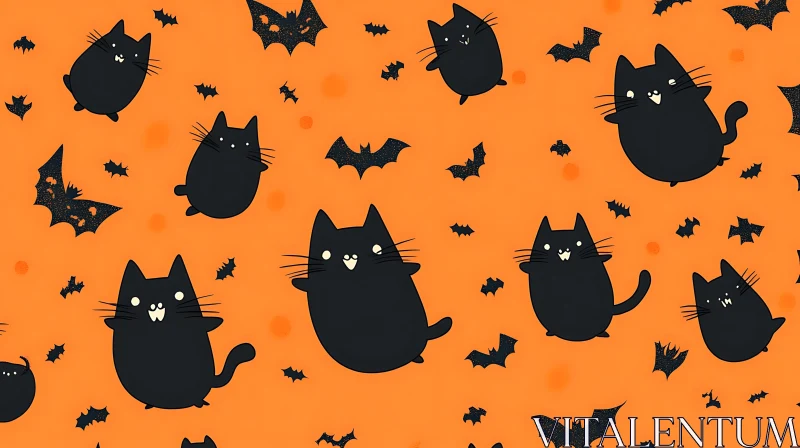 Cute Halloween Cats and Bats Pattern AI Image