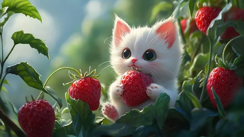Cute Kitten Eating Strawberries Amidst Greenery