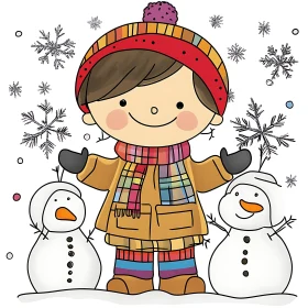 Cheerful Child with Snowmen in Winter Artwork