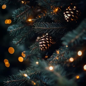 Festive Christmas Tree Pine Cones and Lights