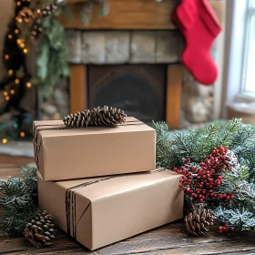 Christmas Gifts, Pinecones, and Festive Fireplace