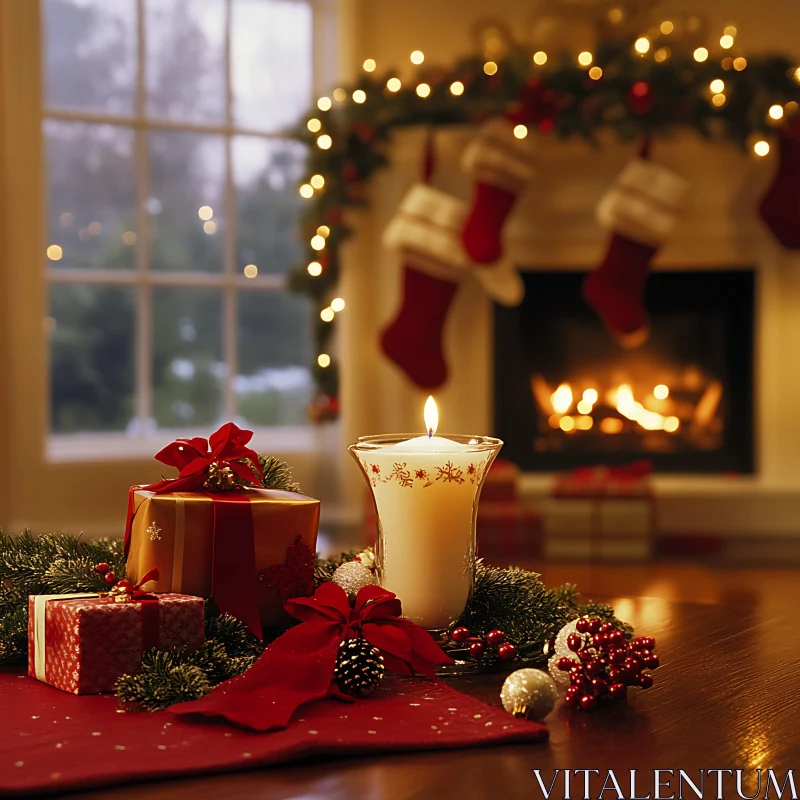 Festive Holiday Decor with Candle and Stockings