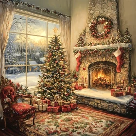 Festive Holiday Decor with Christmas Tree and Lit Fireplace