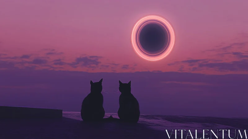 Feline Silhouettes Admiring a Celestial Event