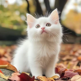 White Kitten in Autumn Foliage
