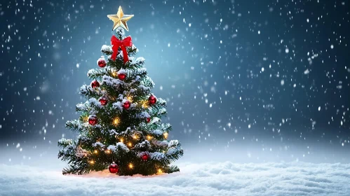 Festive Christmas Tree with Lights in Snow