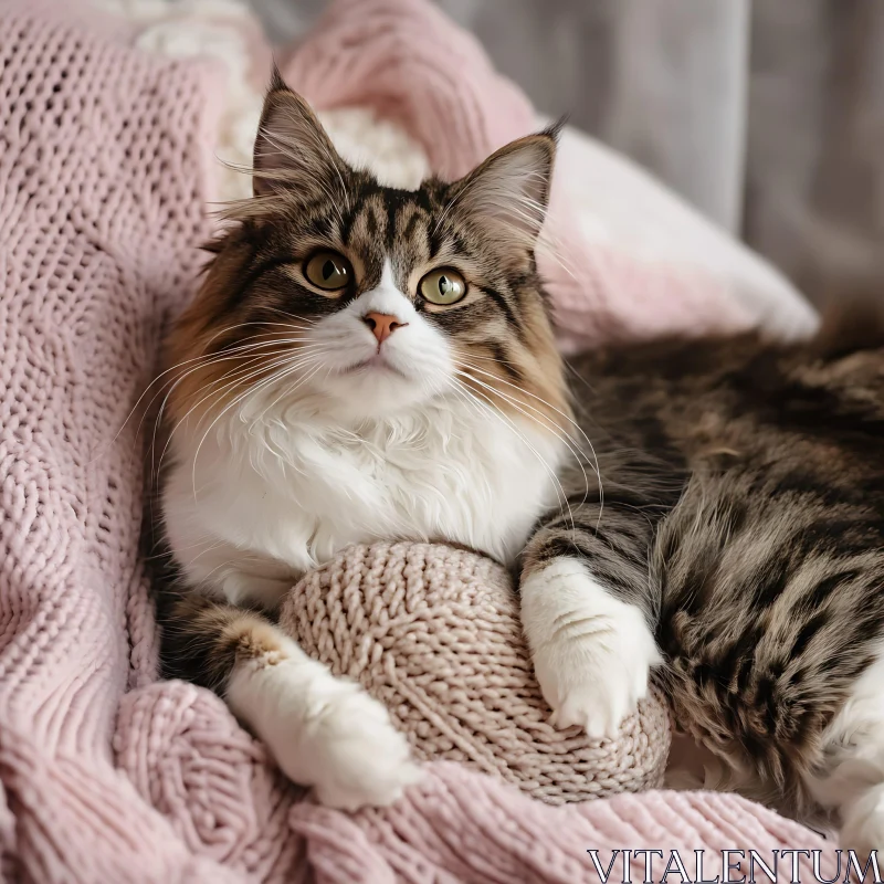 Cute Cat with Yarn on Cozy Pink Blanket