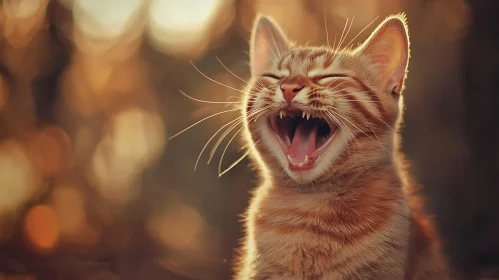 Yawning Ginger Cat in Golden Light