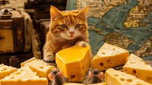Cat and Cheese with Mice on Vintage Map Background
