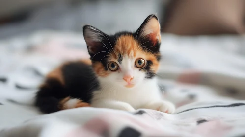 Cute Calico Kitten Resting on Bed