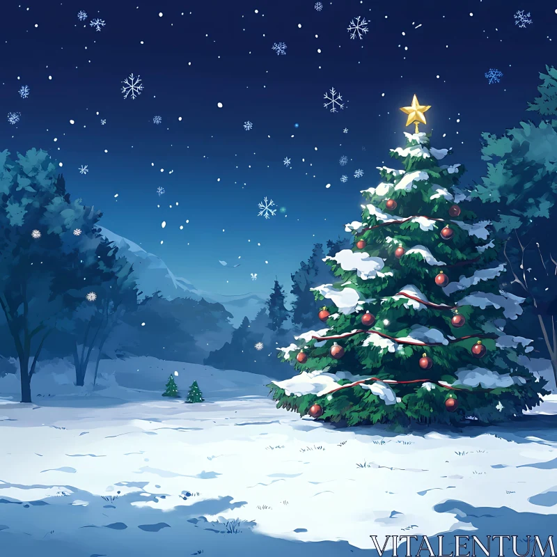 Festive Christmas Tree Amidst Falling Snowflakes