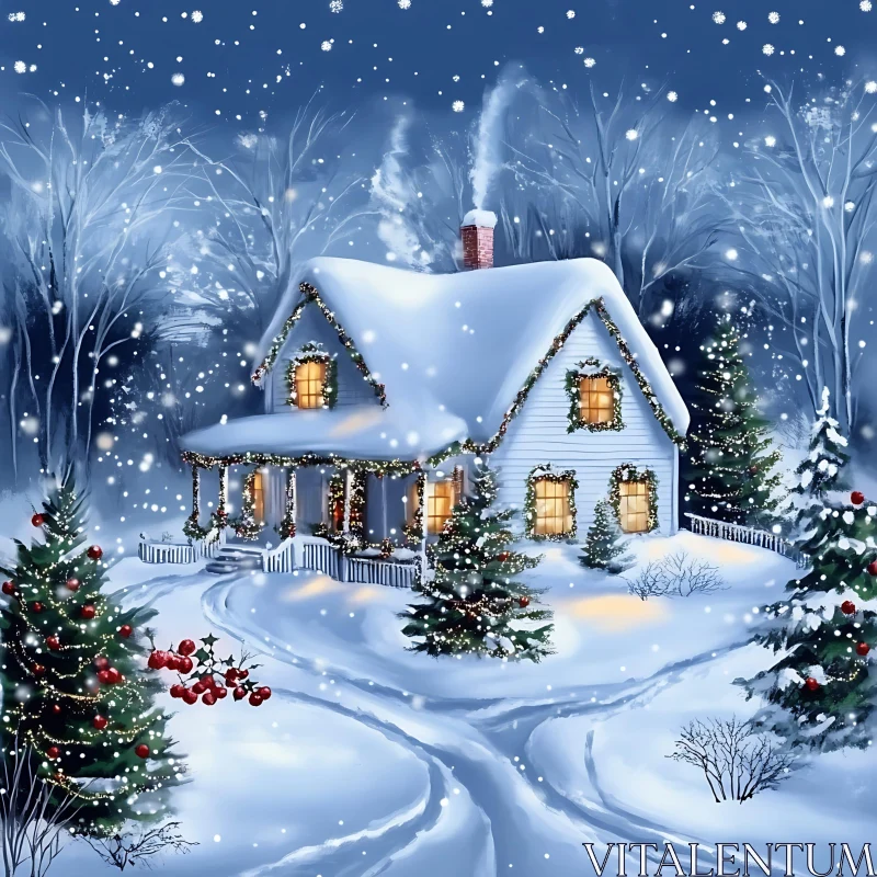 Festive Winter Cottage with Christmas Lights in Snowy Landscape AI Image