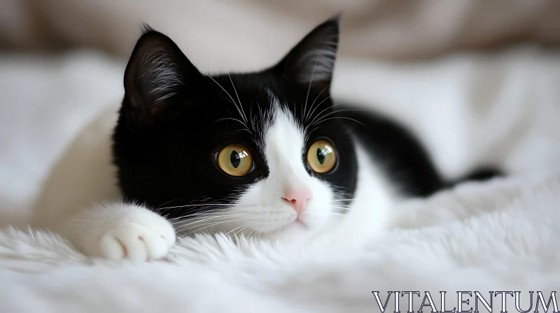 Cute Black and White Kitten on Soft White Blanket