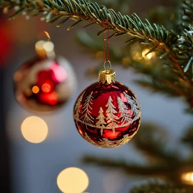 Holiday Decor: Red Ornament on Christmas Tree