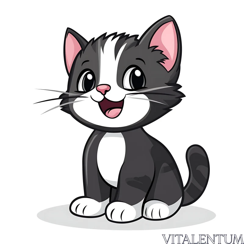 Adorable Cartoon Kitten with Black and White Fur