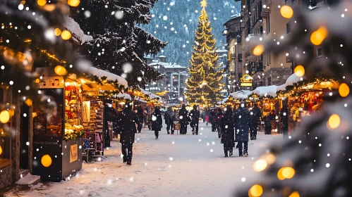 Snow-covered Christmas Market with Festive Lights