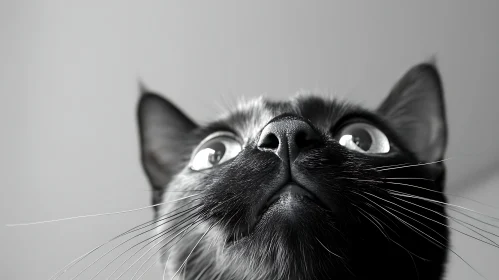 Black Cat's Upward Gaze in Monochrome
