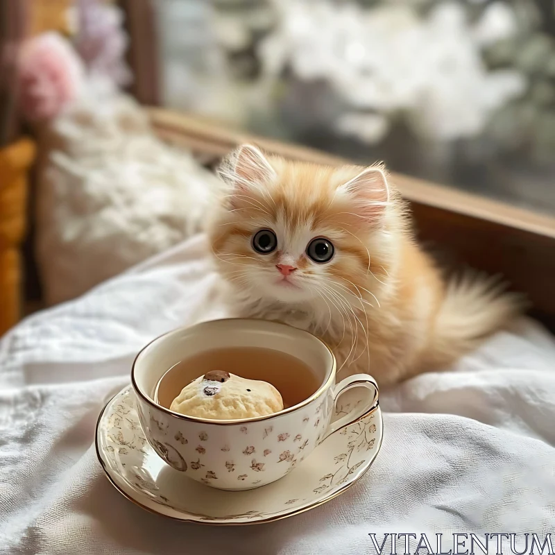 Cute Kitten with Large Eyes and Teacup