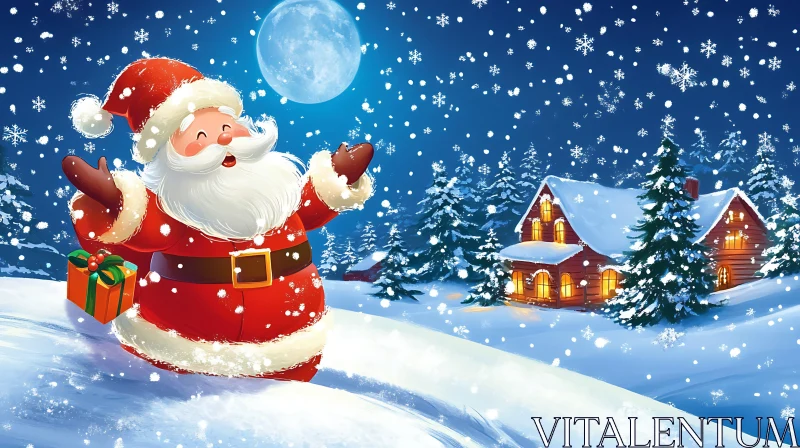 Festive Santa Claus with Gift in Snowy Landscape