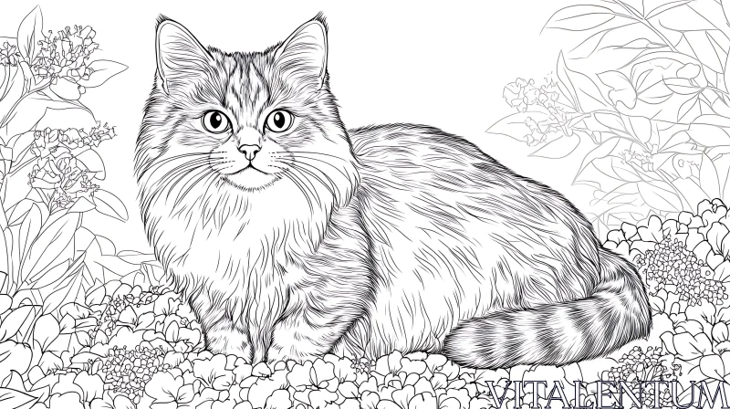 Cat Illustration Surrounded by Flowers AI Image