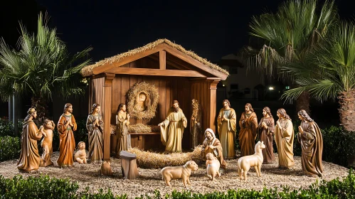 Christmas Nativity with Figurines and Wooden Stable