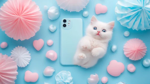 Cute White Kitten Lying Next to Smartphone