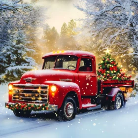 Festively Adorned Vintage Red Truck in Winter Wonderland