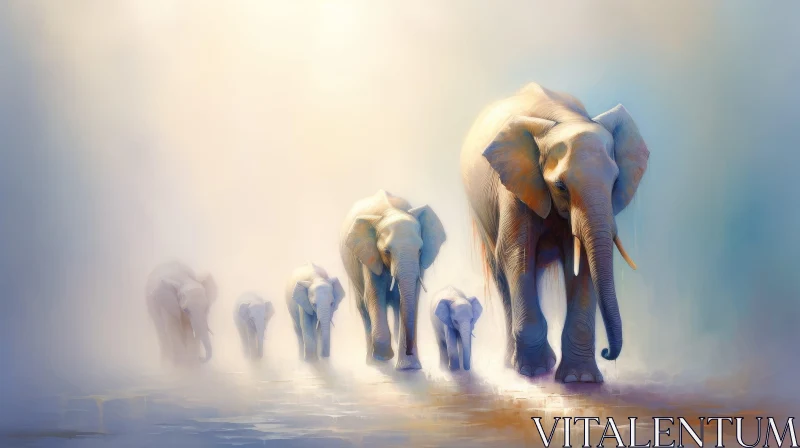 African Elephants Herd Painting in River AI Image