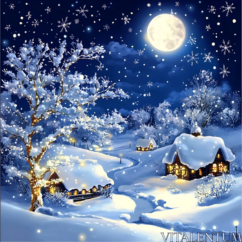 Tranquil Snow-Covered Village Under Full Moon