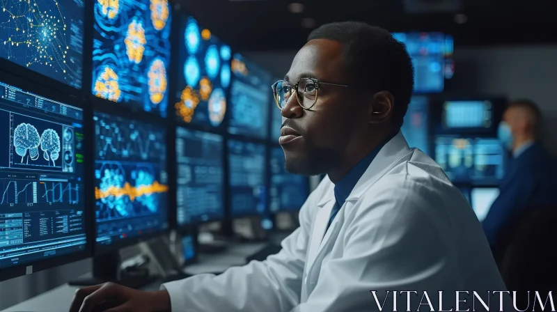 Black Man in Coat Working in Medical Facility with Monitors | Technological Marvels AI Image