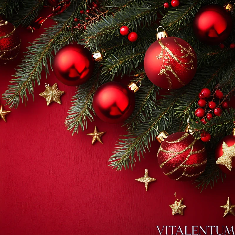 Holiday Decorations with Red Baubles and Pine
