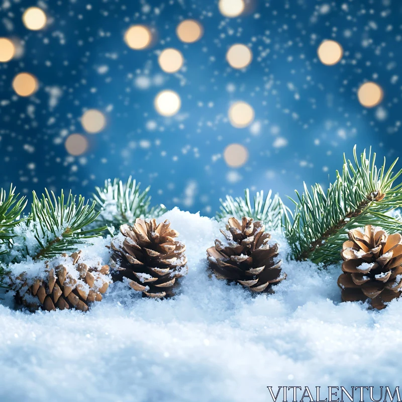 Peaceful Winter Landscape with Pinecones and Snow AI Image