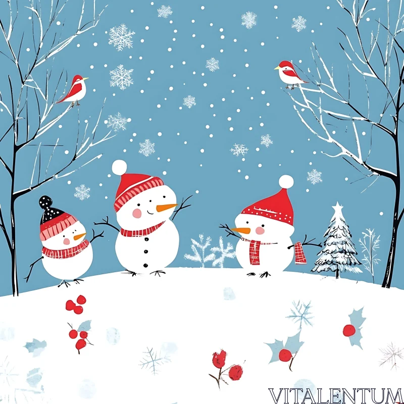 Delightful Holiday Image of Snowmen and Birds