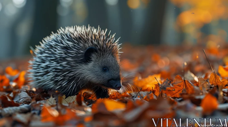 Close-up of a Hedgehog Walking on Fallen Leaves AI Image