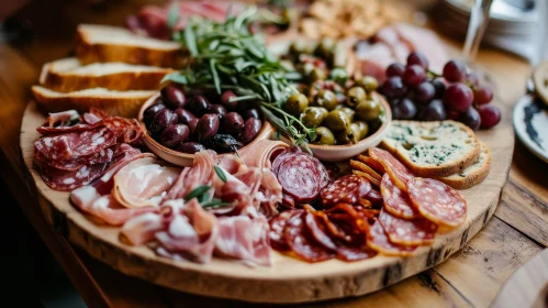 Delicious Assortment of Cured Meats, Olives, Grapes, and Bread on a Wooden Board