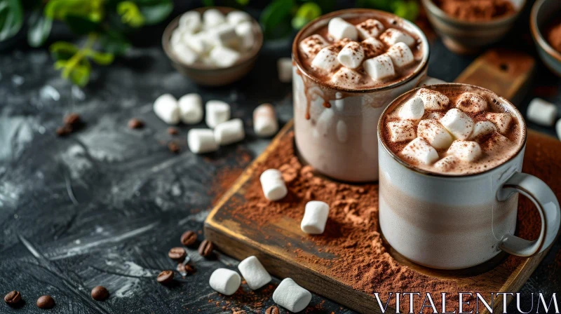 Delicious Hot Chocolate with Marshmallows on a Wooden Board AI Image