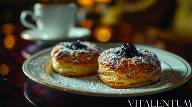 Delicious Pastries with Powdered Sugar and Blueberry Jam on a White Plate AI Image