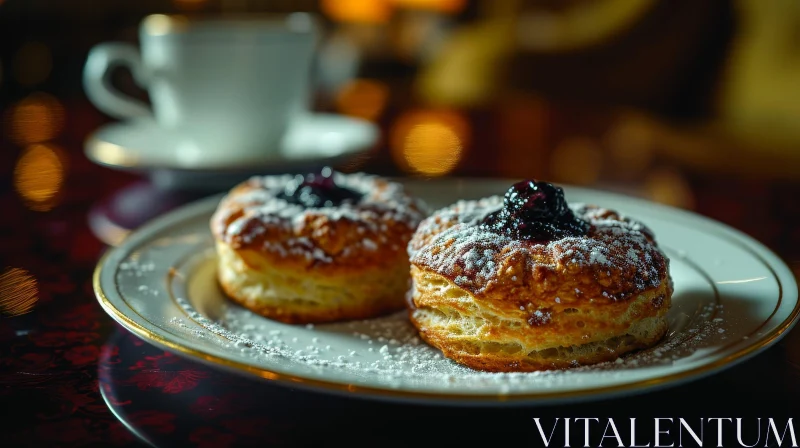 Delicious Pastries with Powdered Sugar and Blueberry Jam on a White Plate