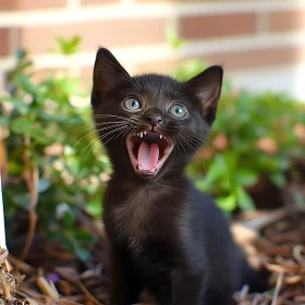 Adorable Black Kitten with Open Mouth