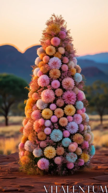 Enchanting Christmas Tree in Desert: A Captivating Blend of Flowers and Nature AI Image