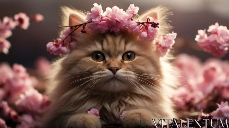 Enchanting Ginger Cat in Pink Flower Field AI Image