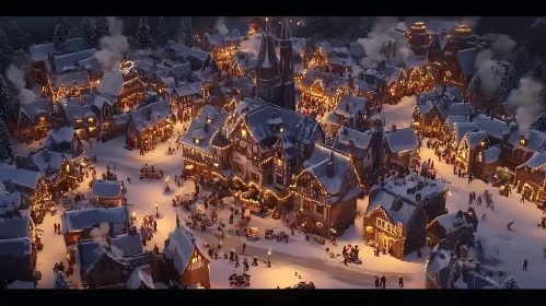 Festive Winter Village Night Scene